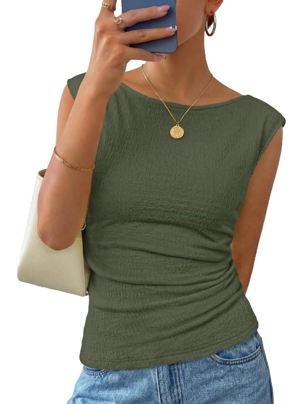 Women's Army green Cap Sleeve Boat Neck Slim Fit Pull On Casual Summer Tank Top